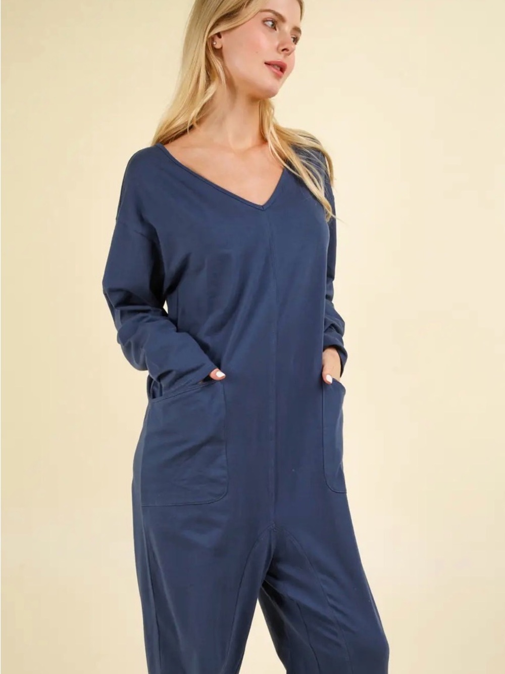NP70679X-PLUS Size Solid Knit Baggy Comfy Jumpsuit color blue denim - Picture 3 of 4